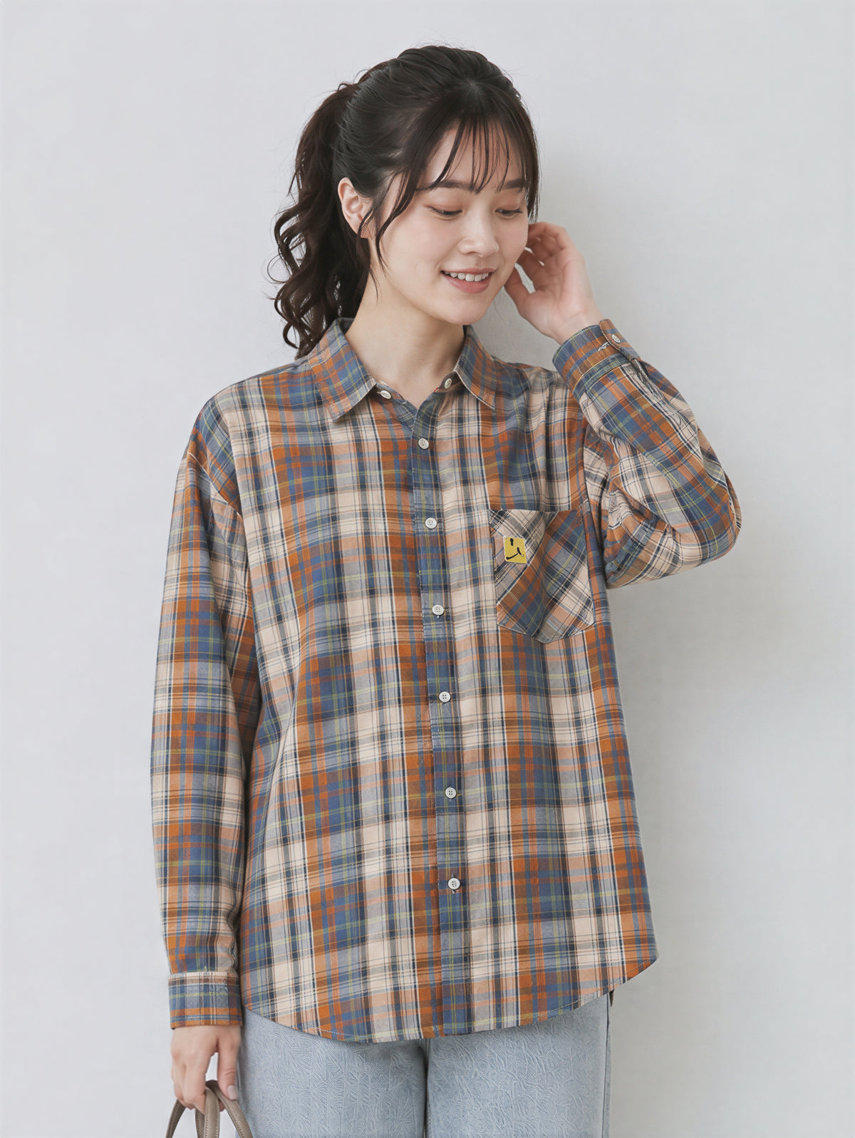【秋新作】M~2XL ゆったりチェック柄シングルポケットシャツ