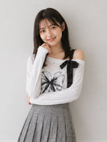 【全2色】M~2XL オフショルダー リボンプリントTシャツ