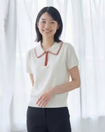 配色刺繍トリム ビッグカラー 半開きプルオーバーニット半袖