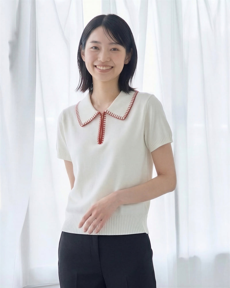 配色刺繍トリム ビッグカラー 半開きプルオーバーニット半袖