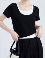 配色切り替え スリム見え フェイクレイヤード 半袖Tシャツ
