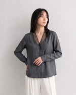 シアーメッシュ切り替えディープVブラウス-スモークグレー-XL