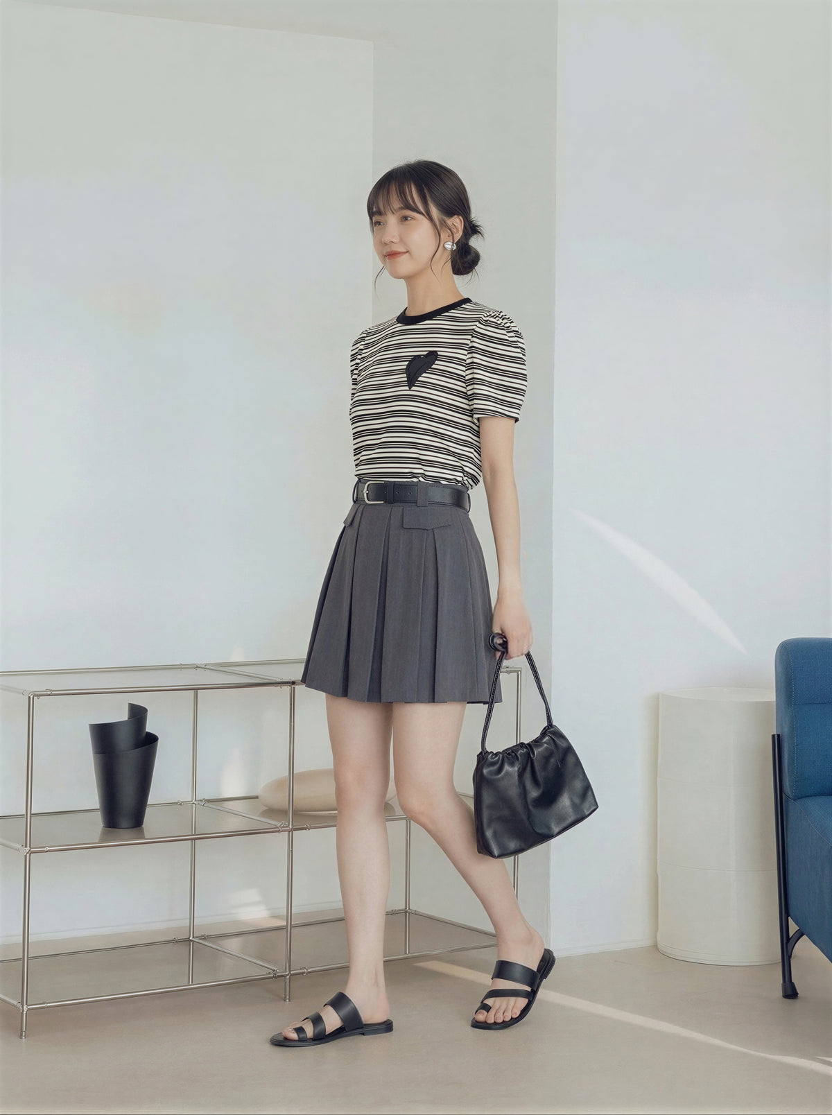 黒×白 細ボーダー ハートワッペン パフスリーブ 半袖Tシャツ