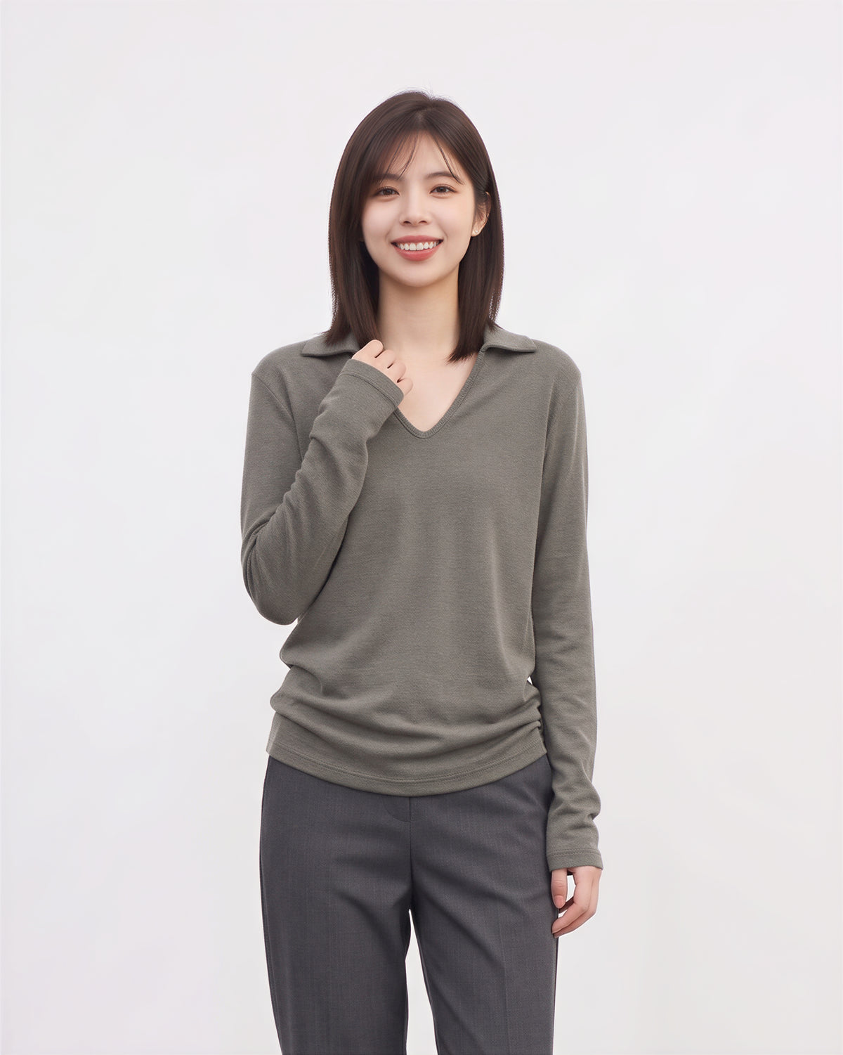 襟付きVネック スリムフィット長袖Tシャツ