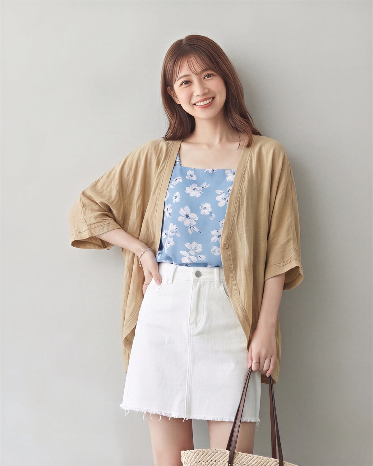 ゆったりバットスリーブ VネックUVカットカーディガン-オートミール-2XL