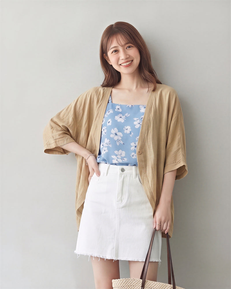 ゆったりバットスリーブ VネックUVカットカーディガン-オートミール-2XL