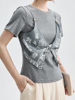 半袖Tシャツ2枚フェイクスカーフ個性的アートキルティングトップス