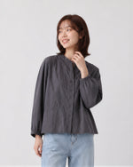 S~XL スタンドカラー ウエストシェイプ バルーンスリーブブラウス