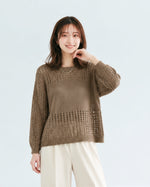 【秋新作】S~XL 透かし編み切り替えクルーネックニット