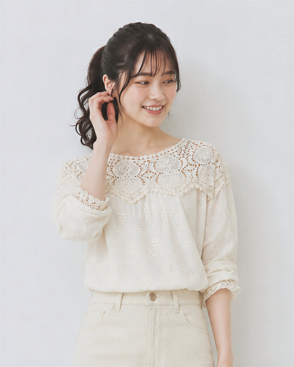 カットワークレース切り替え パフスリーブブラウス-ライトベージュ-2XL