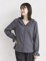 フリルVネックチェックブラウス-ダークブルー チェック柄-2XL