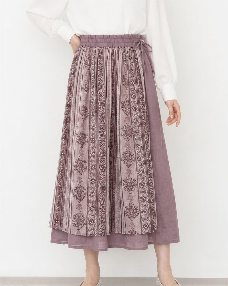 M~2XL パープル切り替えプリント エアリー ロングスカート