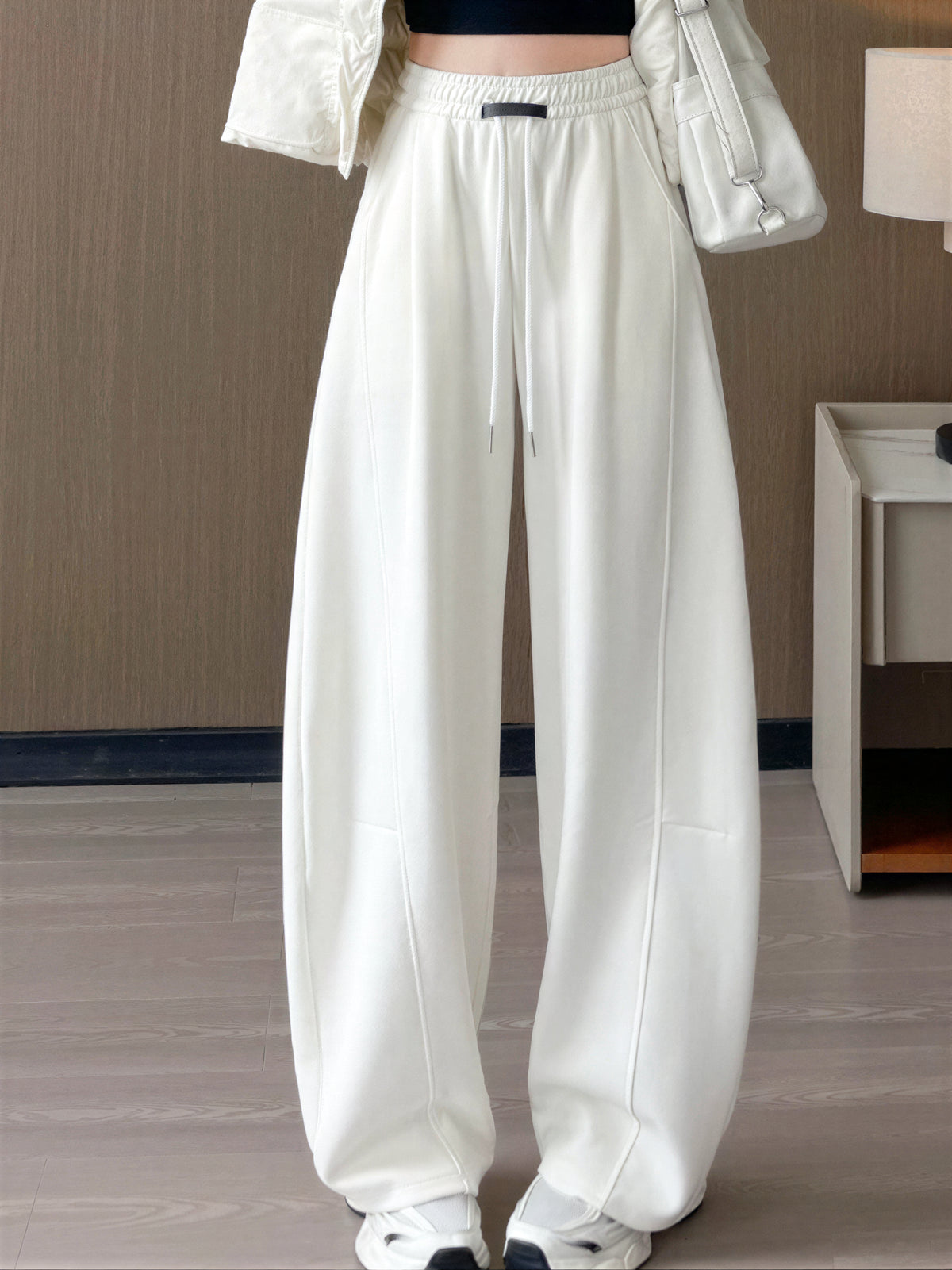 ハイウエスト ドローストリング 立体ワイドパンツ-ホワイト-3XL