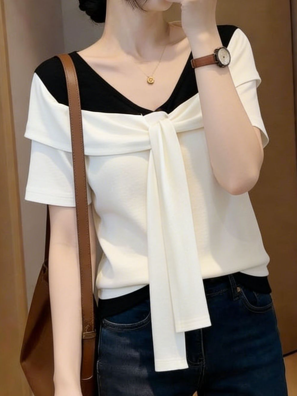 ドッキングVネック リボン付き フェイクレイヤード半袖Tシャツ