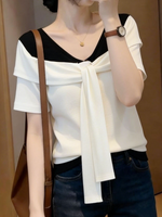 ドッキングVネック リボン付き フェイクレイヤード半袖Tシャツ