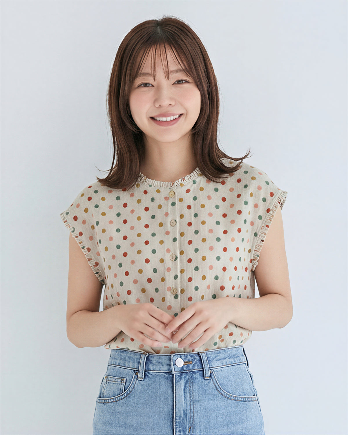 グレー カラフルドット フリル縁取り ノースリーブブラウス-グレー-2XL