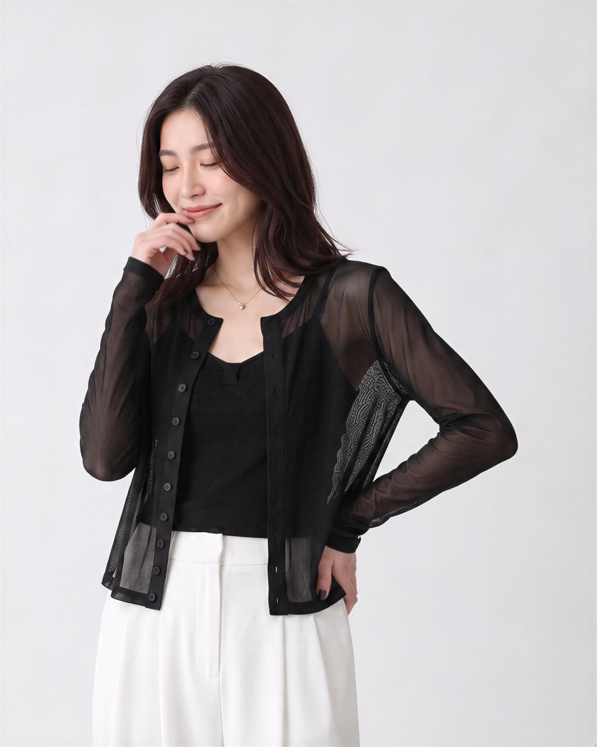 シアーなショート丈シングルボタンカーディガン-ブラック-3XL