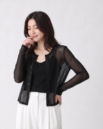 シアーなショート丈シングルボタンカーディガン-ブラック-3XL