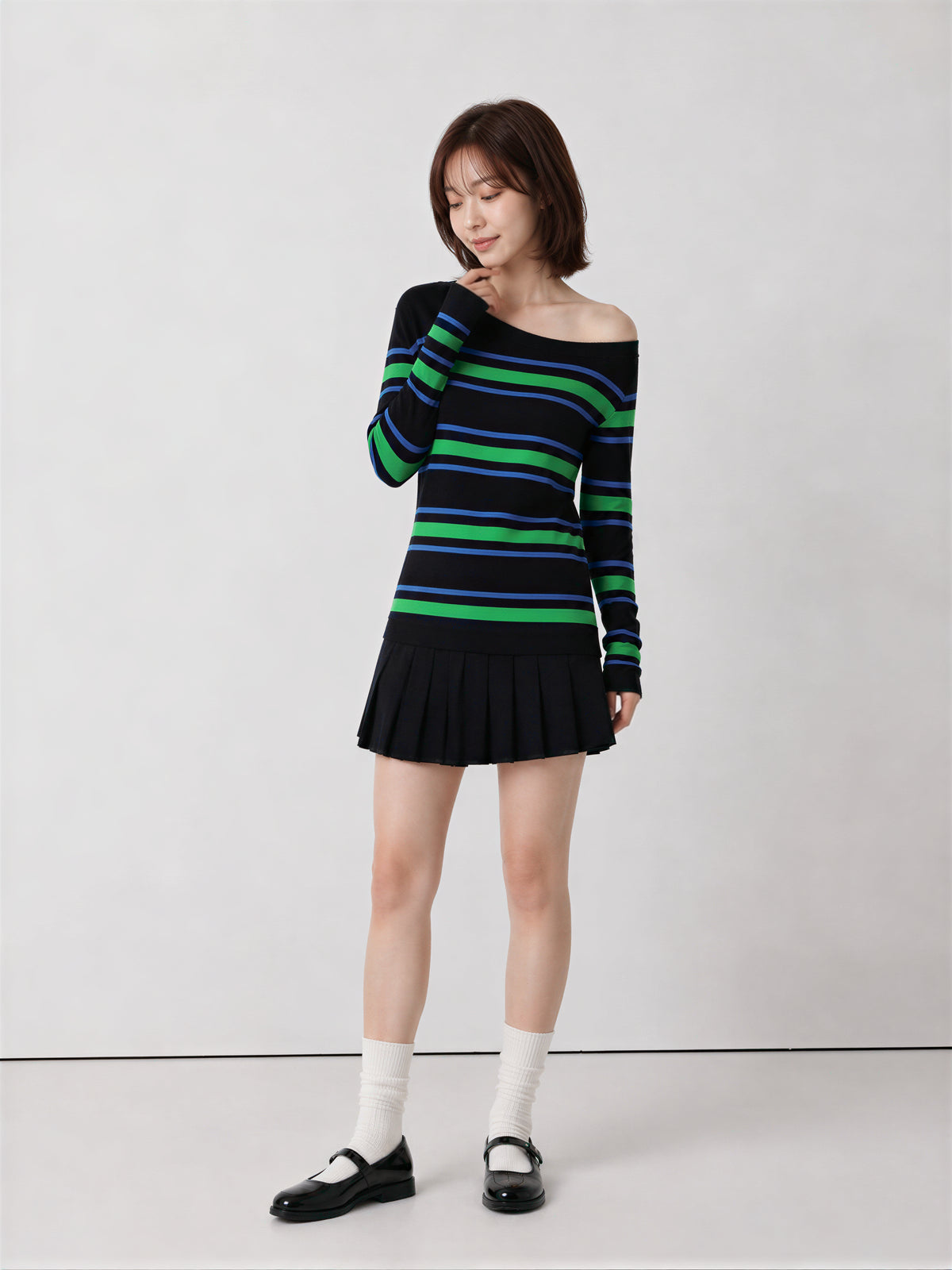 S~XL オフショルダーボーダースリムTシャツ