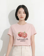 ライトピンク フルーツプリント クルーネック半袖Tシャツ