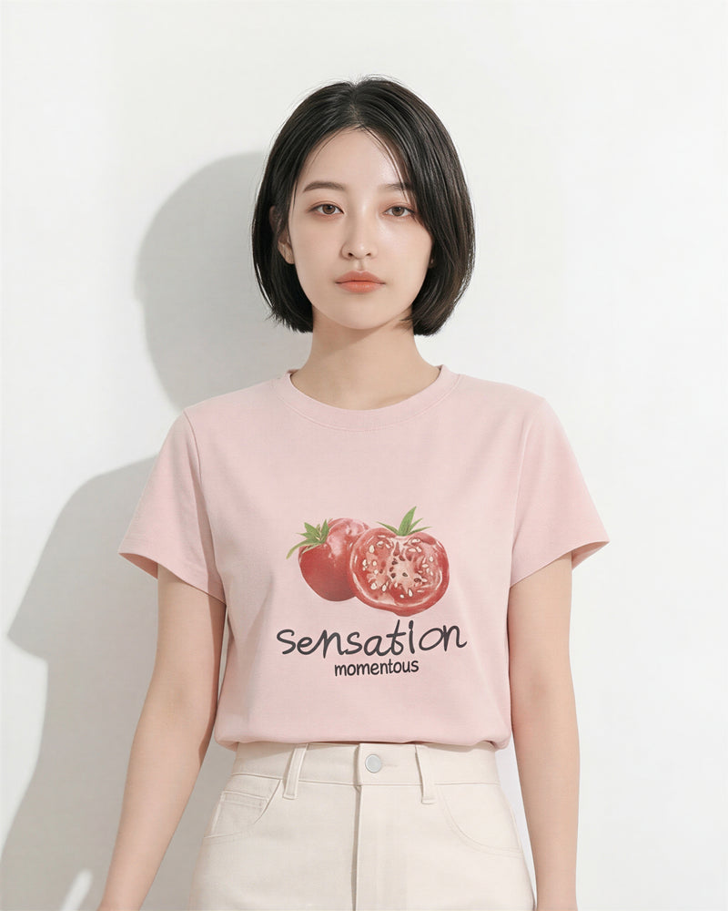 ライトピンク フルーツプリント クルーネック半袖Tシャツ