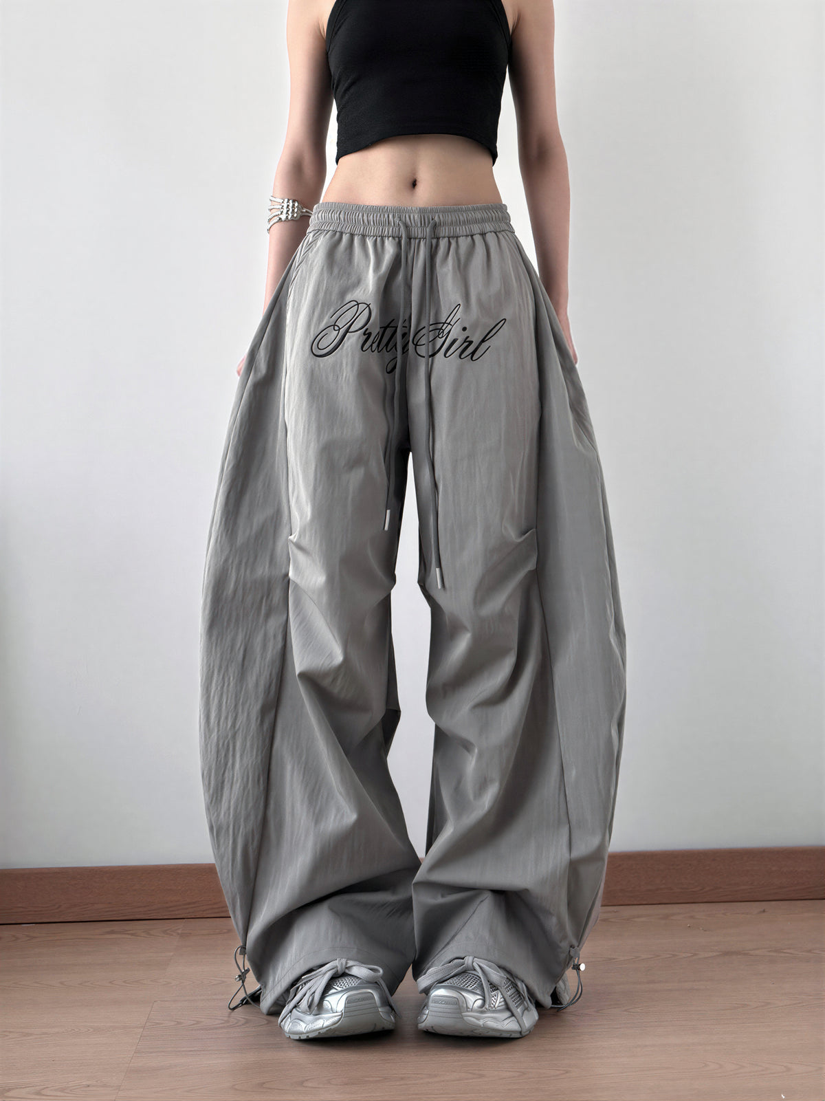 S-XL ウエストゴム ドローストリング ワイドカーゴパンツ