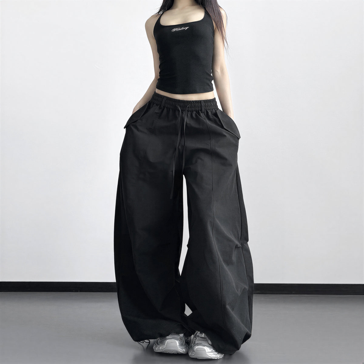 S-XL ドローストリング ボリュームワイドパンツ