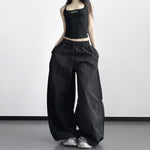 S-XL ドローストリング ボリュームワイドパンツ