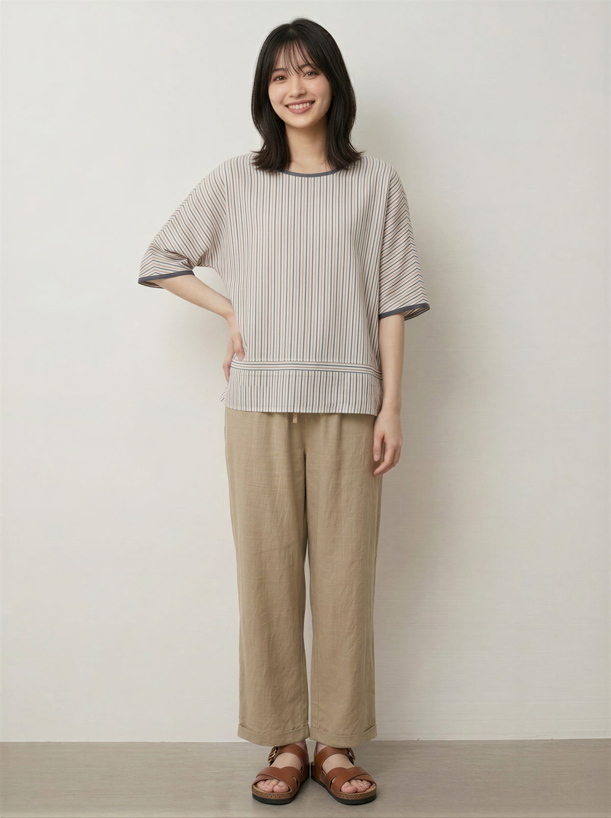 M~2XL 細ストライプ ゆったり クルーネックTシャツ