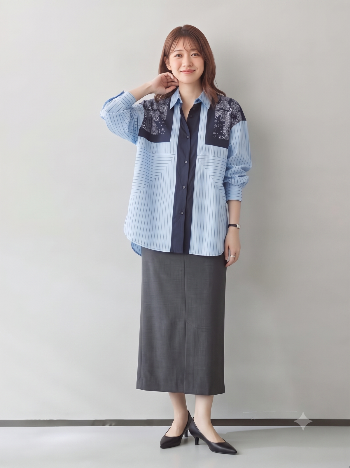 【秋新作】L~4XL 切り替えストライププリントシャツ