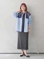 【秋新作】L~4XL 切り替えストライププリントシャツ