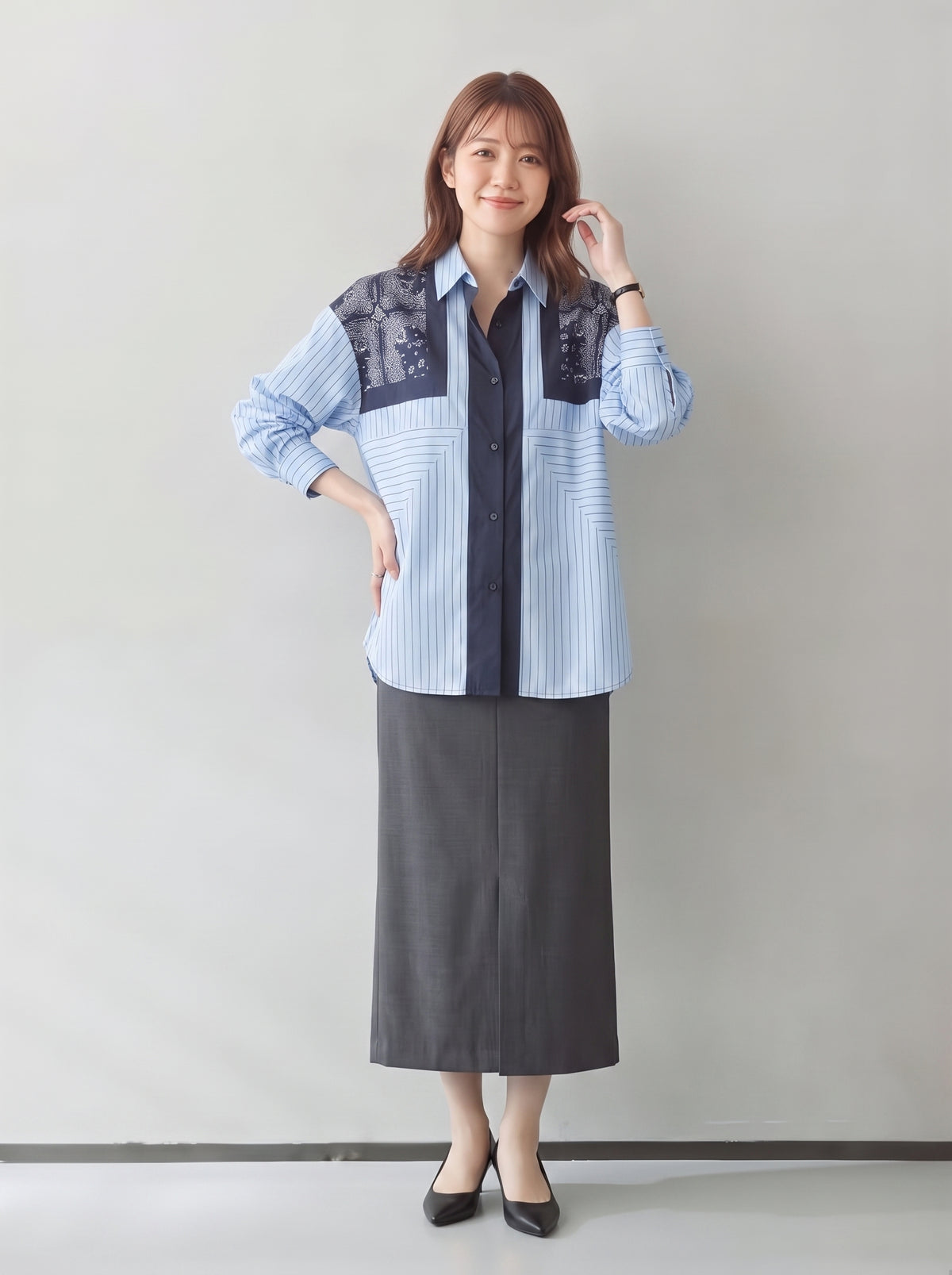 【秋新作】L~4XL 切り替えストライププリントシャツ