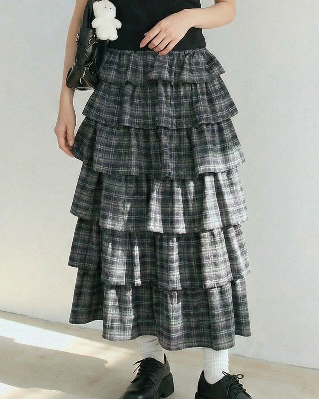 グレー チェック柄 ティアードフリル ケーキスカート-ブラック-XL
