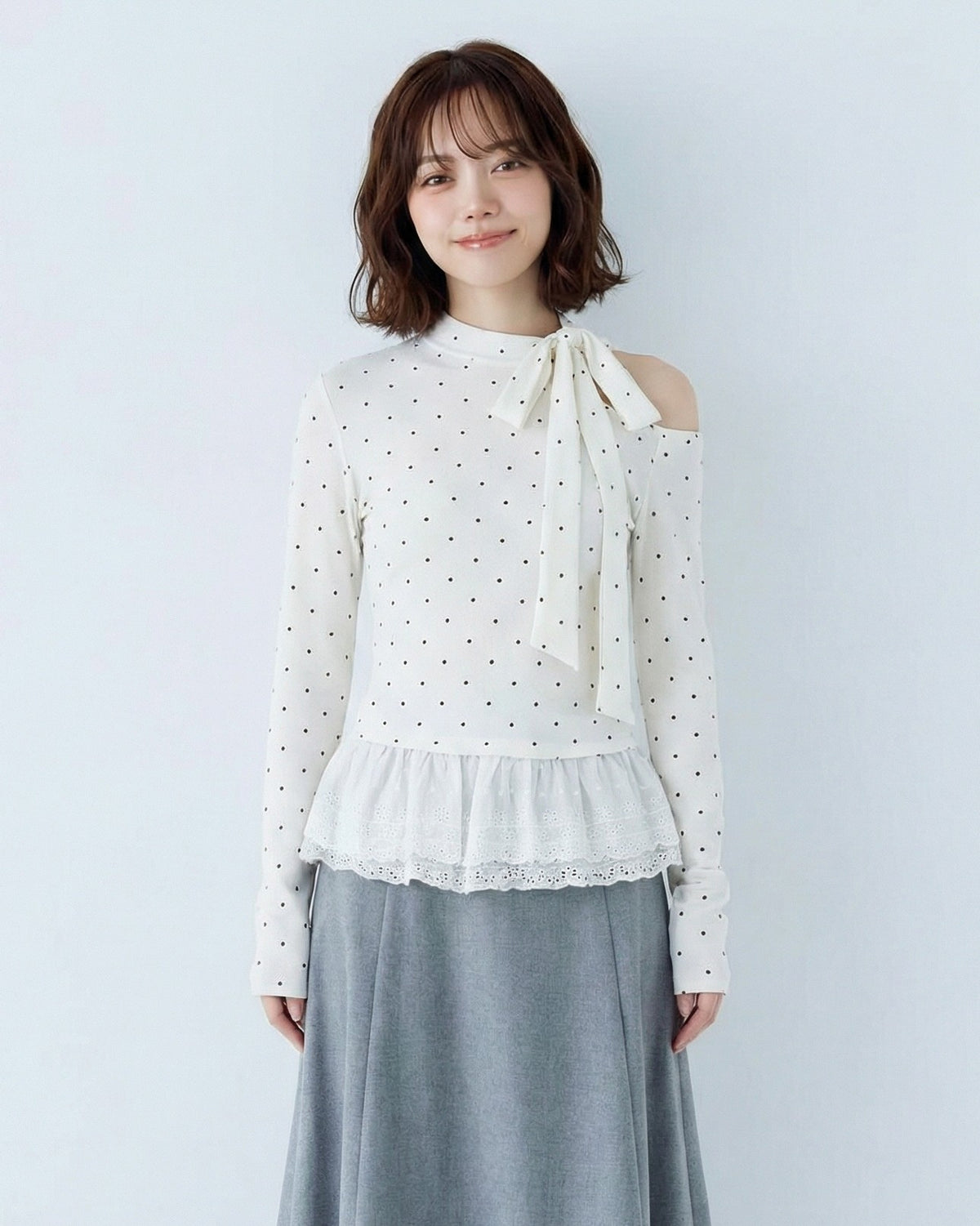 オフショルダー リボン×ドット 切り替え 長袖Tシャツ-ピュアホワイト トップス-XL