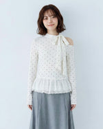 オフショルダー リボン×ドット 切り替え 長袖Tシャツ-ピュアホワイト トップス-XL
