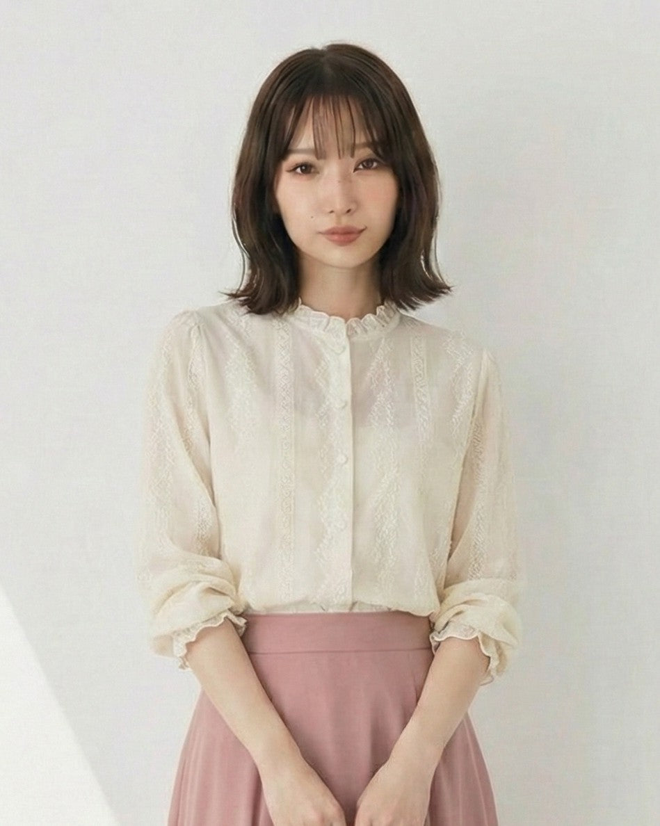 スタンドフリルネック 縦ジャカード パフスリーブシャツ-アプリコット-2XL