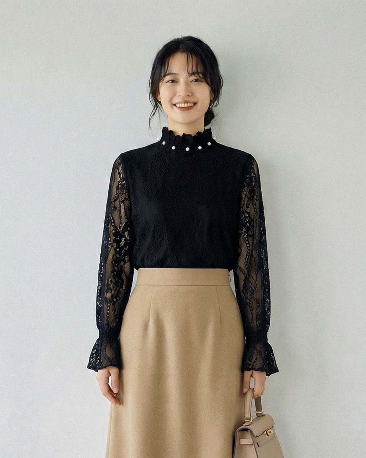 スタンドカラー フリル×フレアスリーブ レーストップス-ブラック-2XL