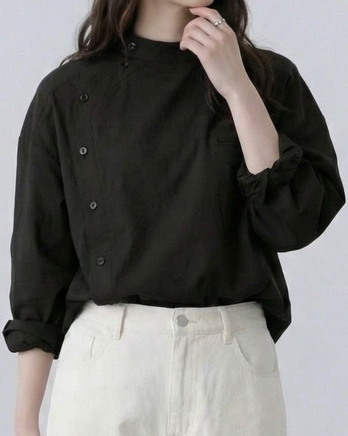スタンドカラー 斜め前立て ルーズシルエットシャツ-ブラック-2XL