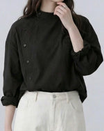 スタンドカラー 斜め前立て ルーズシルエットシャツ-ブラック-2XL