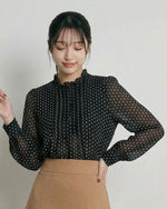 スタンドカラー フリルネック ピンタック前立て ドット柄 シフォンブラウス-ブラック-XL