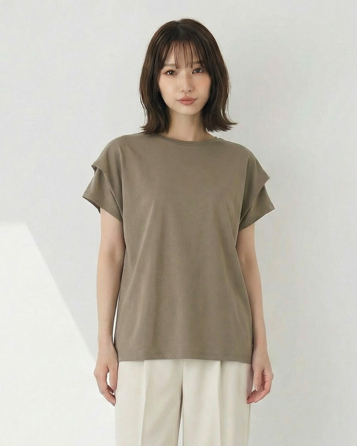 ボーダー柄 ゆったり バットスリーブ クルーネックTシャツ-モカ-L