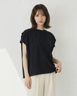 ボーダー柄 ゆったり バットスリーブ クルーネックTシャツ-ブラック-L