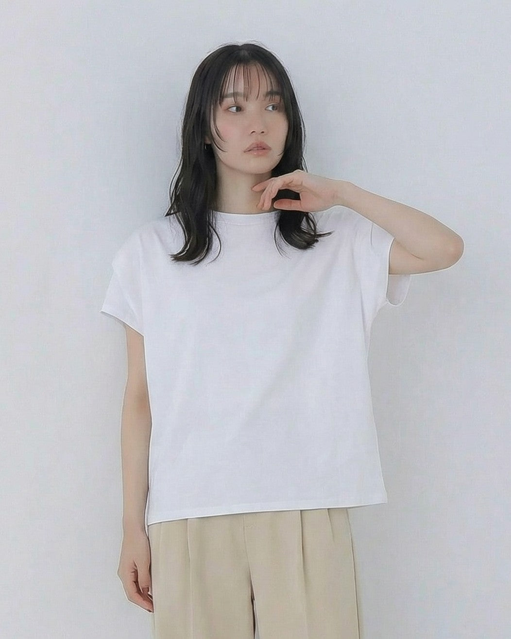 ボーダー柄 ゆったり バットスリーブ クルーネックTシャツ-ピュアホワイト-L
