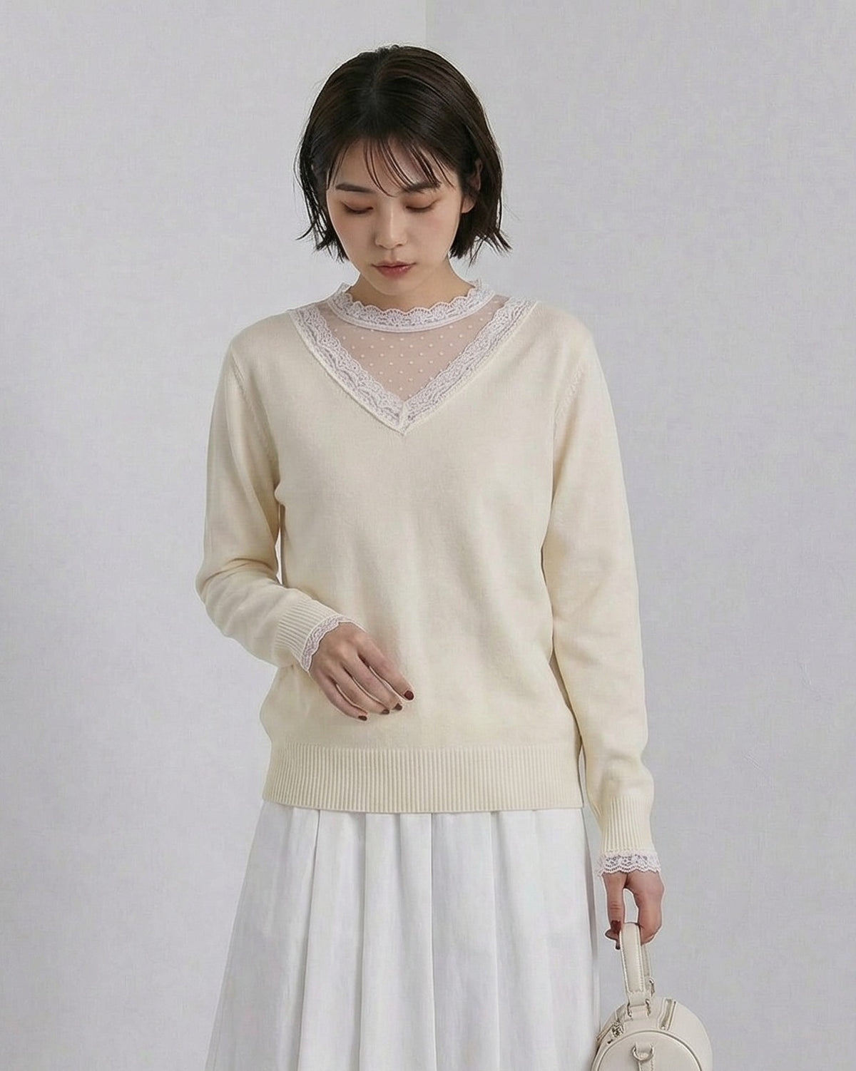 レース切替 Vネック レイヤード風 ニットトップス-ライトベージュ-4XL