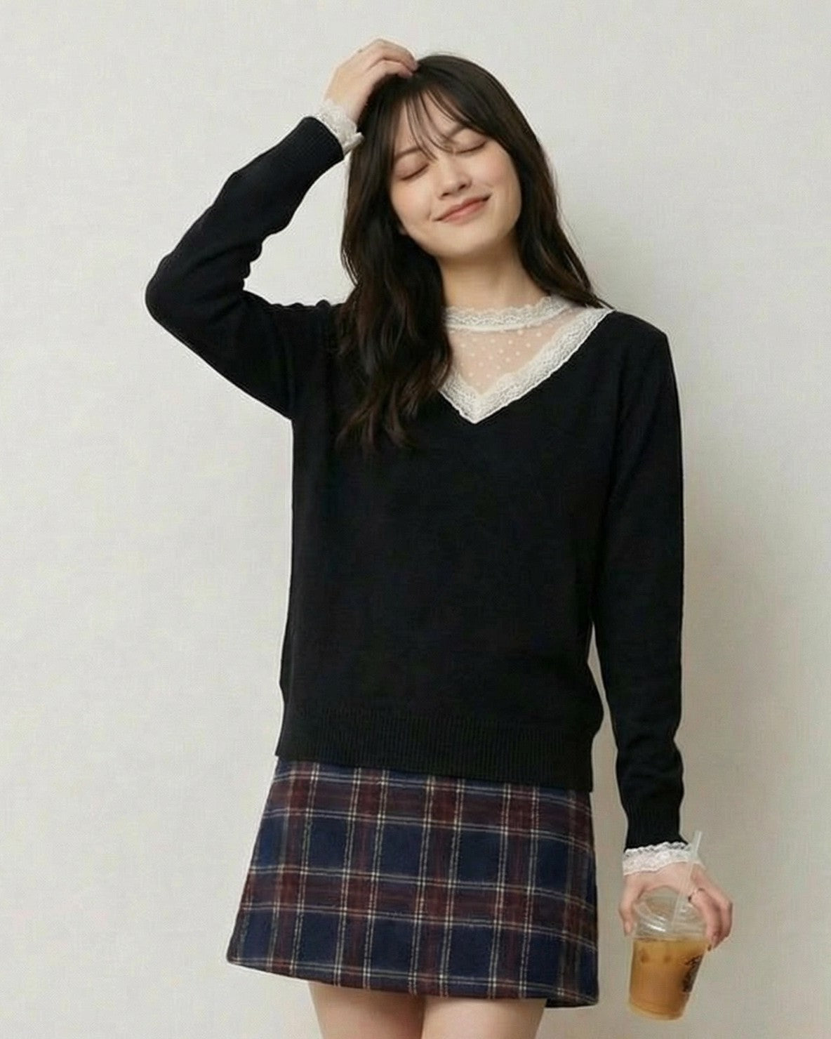 レース切替 Vネック レイヤード風 ニットトップス-ブラック-4XL