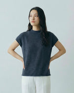スタンドカラー 切りっぱなし風 半袖Tシャツ-ネイビー-XL