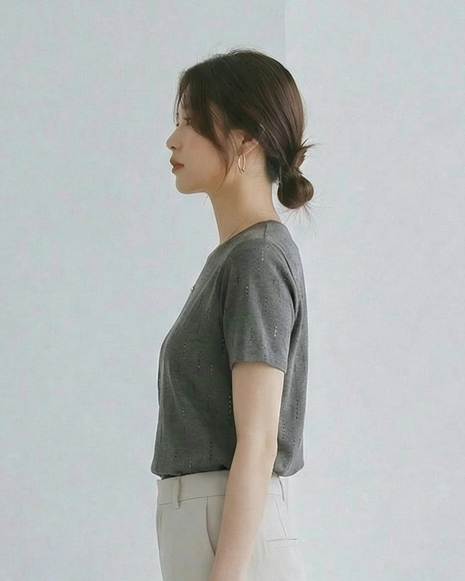 縦ラインスパンコール付き クルーネック ストレート 半袖Tシャツ-グレー-L