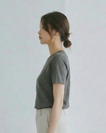 縦ラインスパンコール付き クルーネック ストレート 半袖Tシャツ-グレー-L