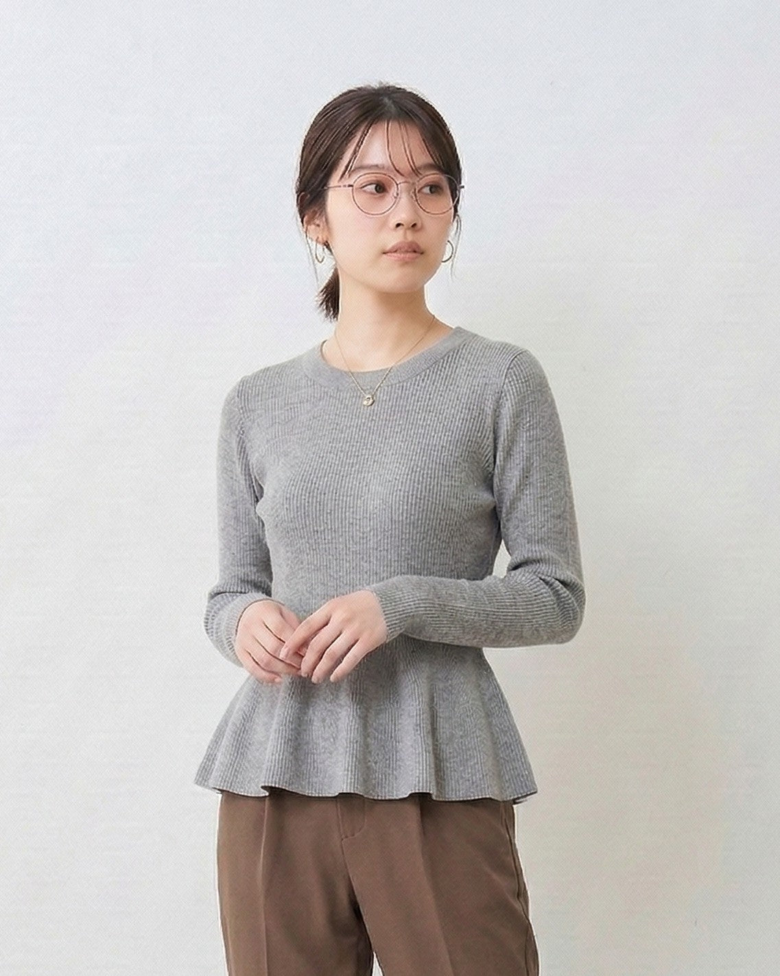 ウエストシェイプ フリルヘム ニットトップス-ライトグレー-XL