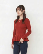 ウエストシェイプ フリルヘム ニットトップス-レッド-XL